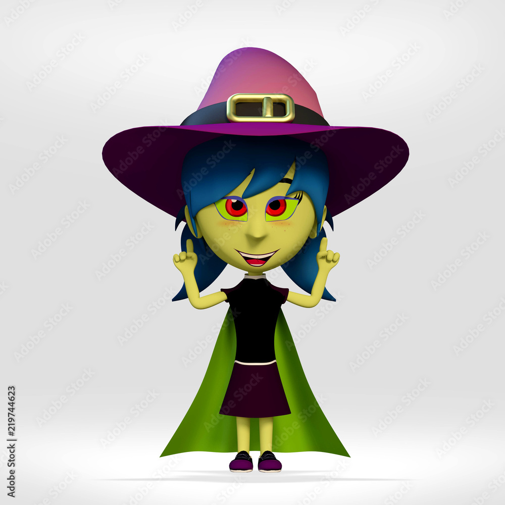halloween, girl dressed as a witch showing posters and plates on white background. 3d cartoon illustration halloween, girl dressed as a witch showing posters and plates on white background. 3d cartoon illustration