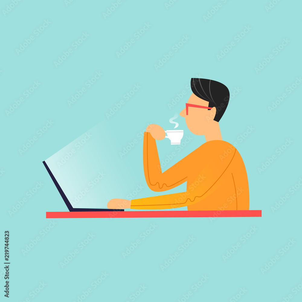 Man sitting drinking coffee and working on laptop. Flat design vector illustration. Man sitting drinking coffee and working on laptop. Flat design vector illustration.
