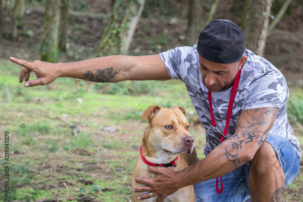 Man trains his pit bull dog outdoors Man trains his pit bull dog outdoors