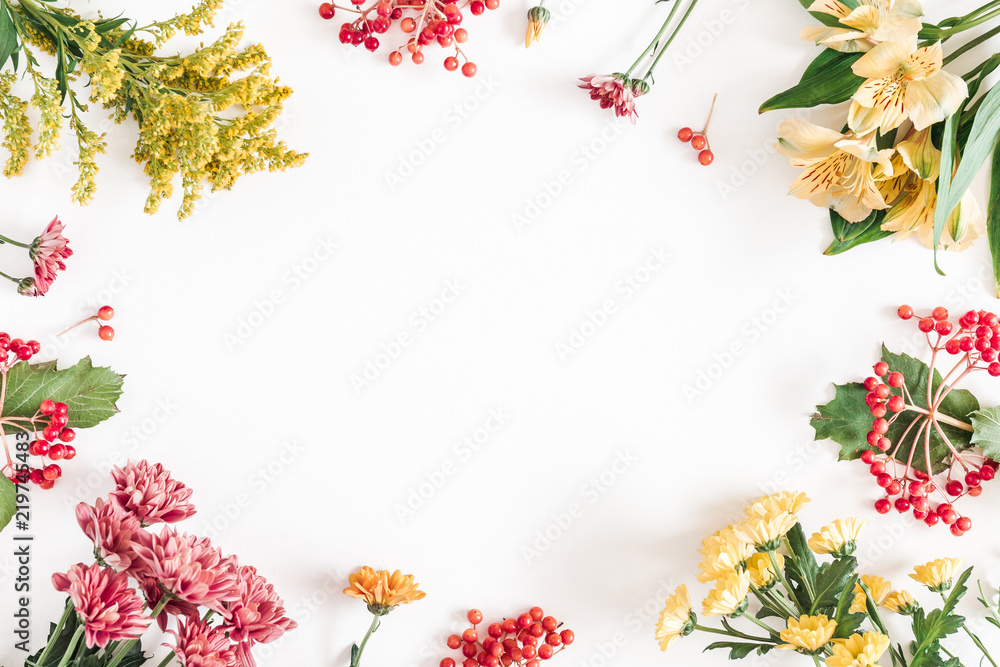 Autumn floral composition. Frame made of fresh flowers on white background. Autumn, fall concept. Flat lay, top view, copy space