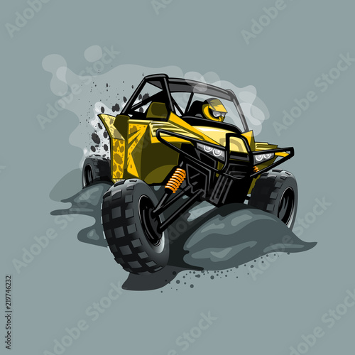 Off-Road ATV Buggy, rides through the mud. Yellow color.