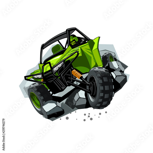 Off-Road ATV Buggy, rides through obstacles stones. Green color.