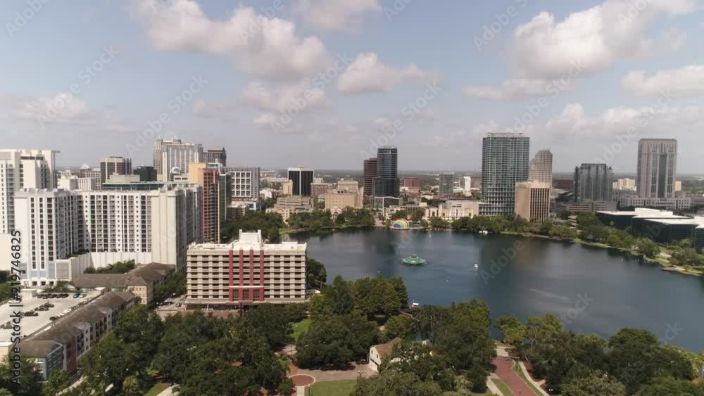 Orlando Florida Lake Eola Down Town Helicopter Drone Sun Set Fountain buildings Amway Center SunTrust Orlando Florida Lake Eola Down Town Helicopter Drone Sun Set Fountain buildings Amway Center SunTrust