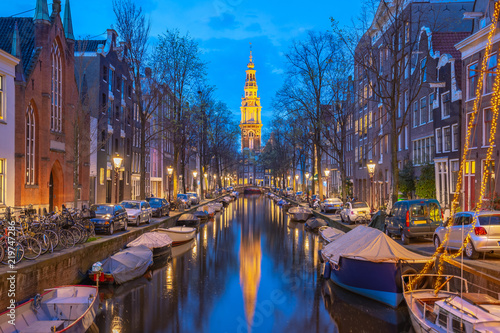 View of Zuiderkerk church at night in Amsterdam city, Netherlands