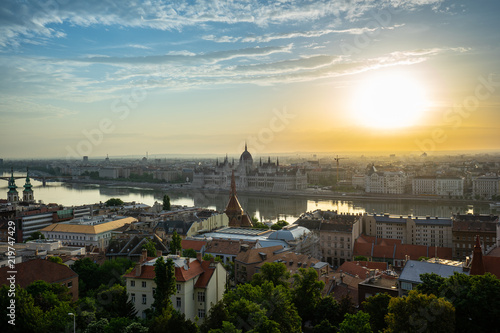 Budapest Parliament Building with view of Danube River in Hungary