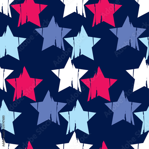 Seamless background with decorative stars.  Brushwork. Hand hatching. Stars in the sky. Scratches texture. Textile rapport.