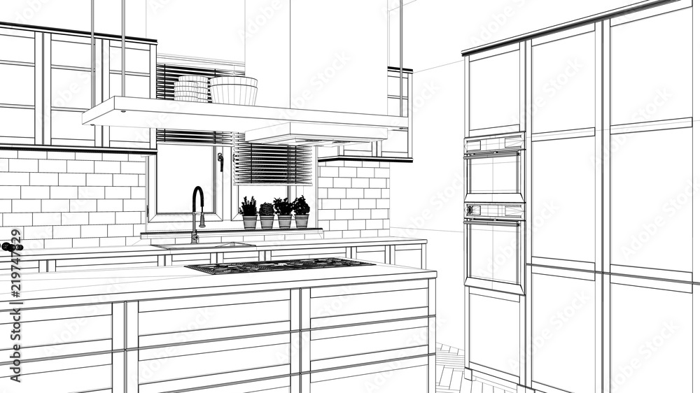 Interior design project, black and white ink sketch, architecture blueprint showing modern kitchen with island Interior design project, black and white ink sketch, architecture blueprint showing modern kitchen with island
