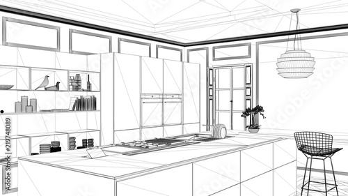 Interior design project, black and white ink sketch, architecture blueprint showing contemporary kitchen with island