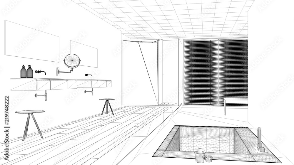 Interior design project, black and white ink sketch, architecture blueprint showing modern bathroom with bathtub and sink Interior design project, black and white ink sketch, architecture blueprint showing modern bathroom with bathtub and sink