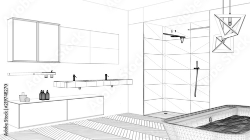 Interior design project, black and white ink sketch, architecture blueprint showing modern bathroom with bathtub and shower