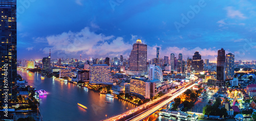 Aerial view landscape of River in Bangkok city at night time