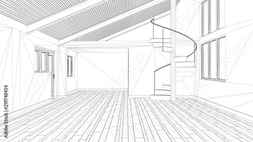 Interior design project, black and white ink sketch, architecture blueprint showing modern empty space with staircase