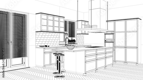 Interior design project  black and white ink sketch  architecture blueprint showing modern kitchen with island and stools