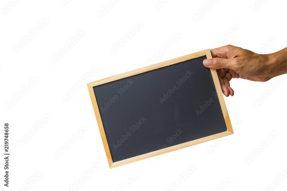 Close-up a man hand holding small blackboard or chalkboard against white background include clipping path easy to cutout. Close-up a man hand holding small blackboard or chalkboard against white background include clipping path easy to cutout.