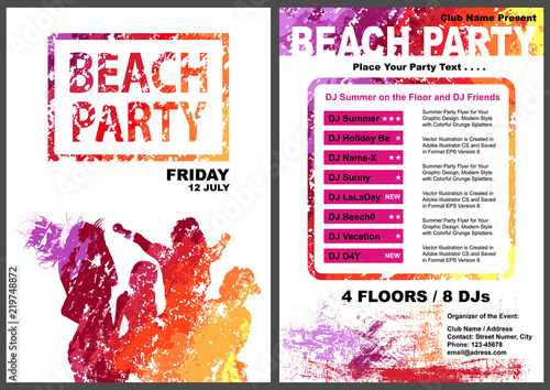 Beach Party Flyer Template - Colorful Dancing Group Silhouettes with Grunge T...