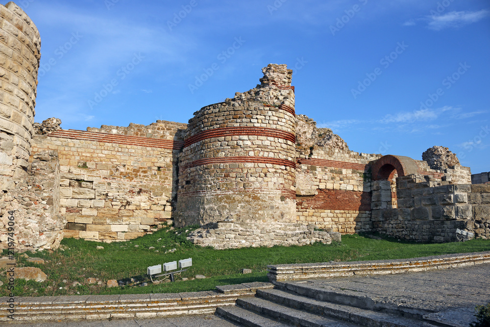 Ancient fortress tower and wall ruins Nessebar Bulgaria