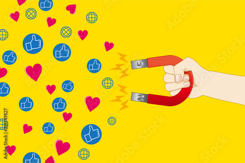磁石を持つ手とソーシャルネットワークサービスのイメージのイラスト｜マーケティング・ビジネスイメージ｜Magnet illustration
