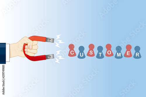 磁石を持つ手とお客様を吸引するイラスト｜マーケティング・ビジネスイメージ｜Magnet illustration

