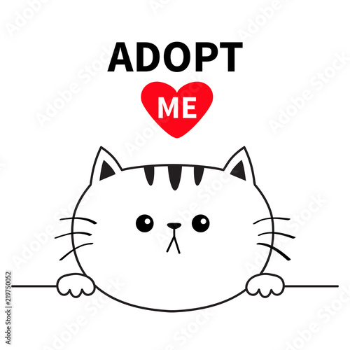 Adopt me. Dont buy. Cat head face head. Hands paw holding line. Pet adoption. Help homeless animal Cute cartoon kitty character. Funny baby kitten. Flat design. White background