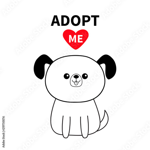 Adopt me. Contour sitting dog silhouette. Red heart. Pet adoption. Kawaii animal. Cute cartoon pooch character. Funny baby puppy . Help homeless animal Flat design. White background
