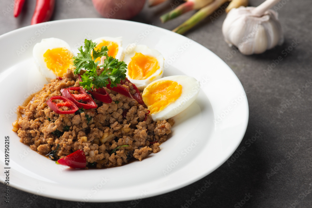 Pad Ka-prao stir fried chopped minced pork with chili and basil Pad Ka-prao stir fried chopped minced pork with chili and basil