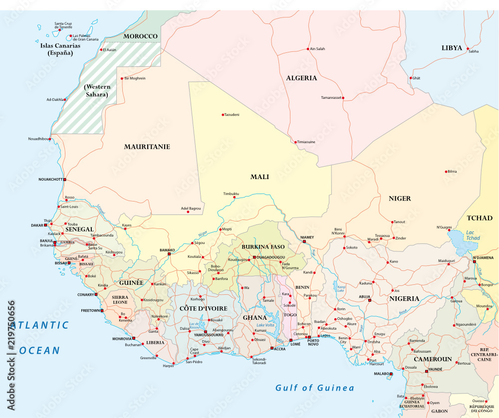 Obraz premium Detailed road map of the countries of West Africa with capital cities.