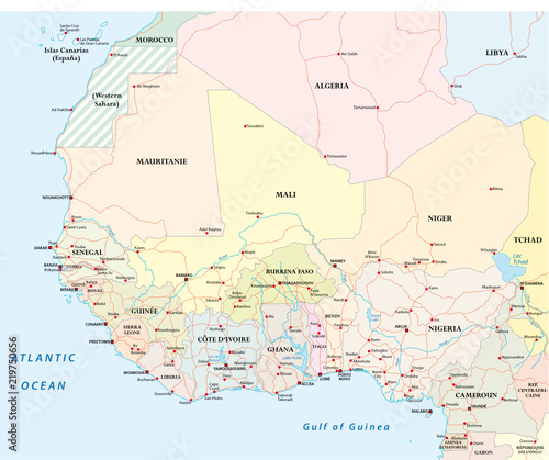 Detailed road map of the countries of West Africa with capital cities.