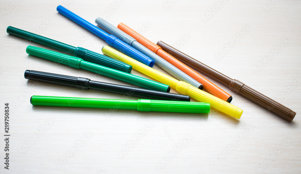 Set of multi-colored felt-tip pens on a light background. Set of multi-colored felt-tip pens on a light background.