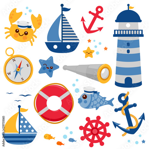 Set of sailor and nautical illustrations. Vector collection photo