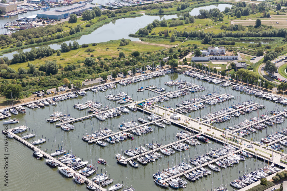 Aerial view marina harbor Dutch village Makkum in Friesland
