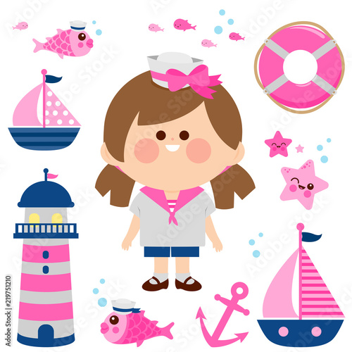 Little sailor girl nautical set. Vector illustration collection