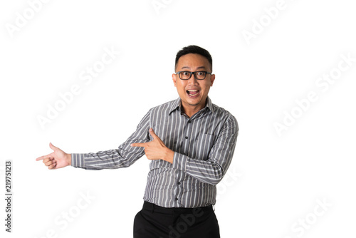 asian businessman pointed at somewhere happy and shocked