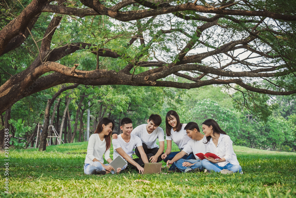Group of Asian teen working and studying at park for education concept Group of Asian teen working and studying at park for education concept