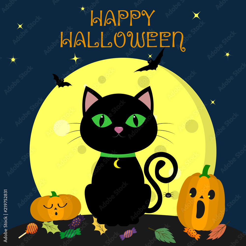 The Halloween black cat sits against the full moon at night. Nearby are two pumpkins, sweets and leaves, volatile vampires and stars. Autumn holiday. The Halloween black cat sits against the full moon at night. Nearby are two pumpkins, sweets and leaves, volatile vampires and stars. Autumn holiday.