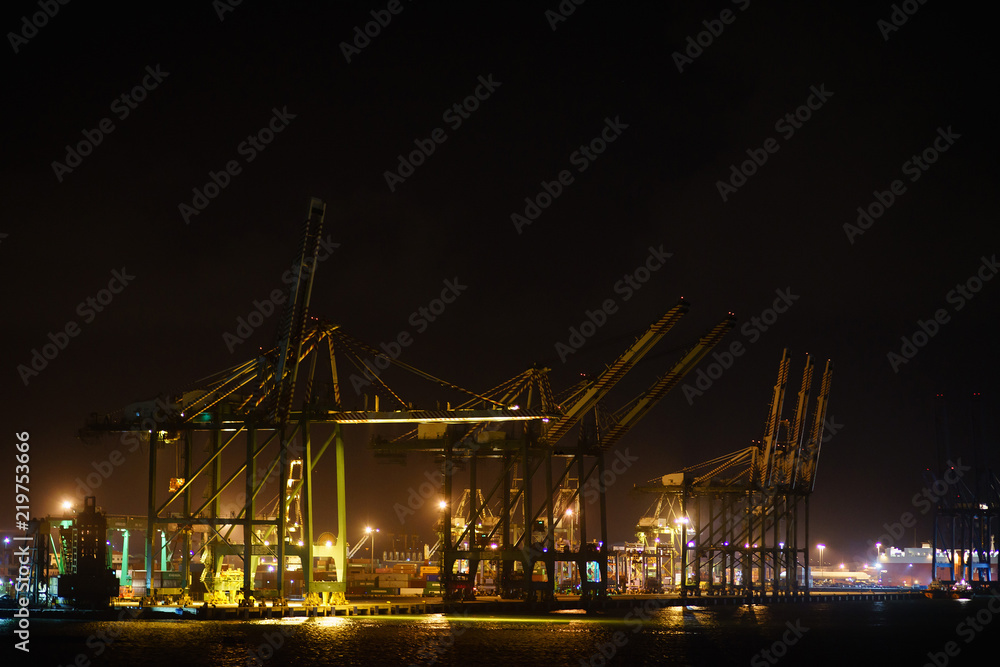 Container terminal in the port with huge cranes Container terminal in the port with huge cranes