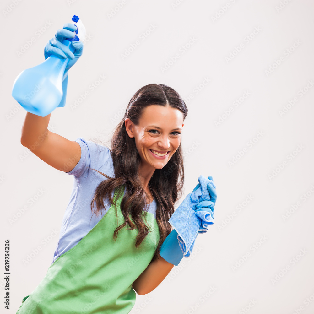 Portrait of housewife who is ready for housework. Portrait of housewife who is ready for housework.