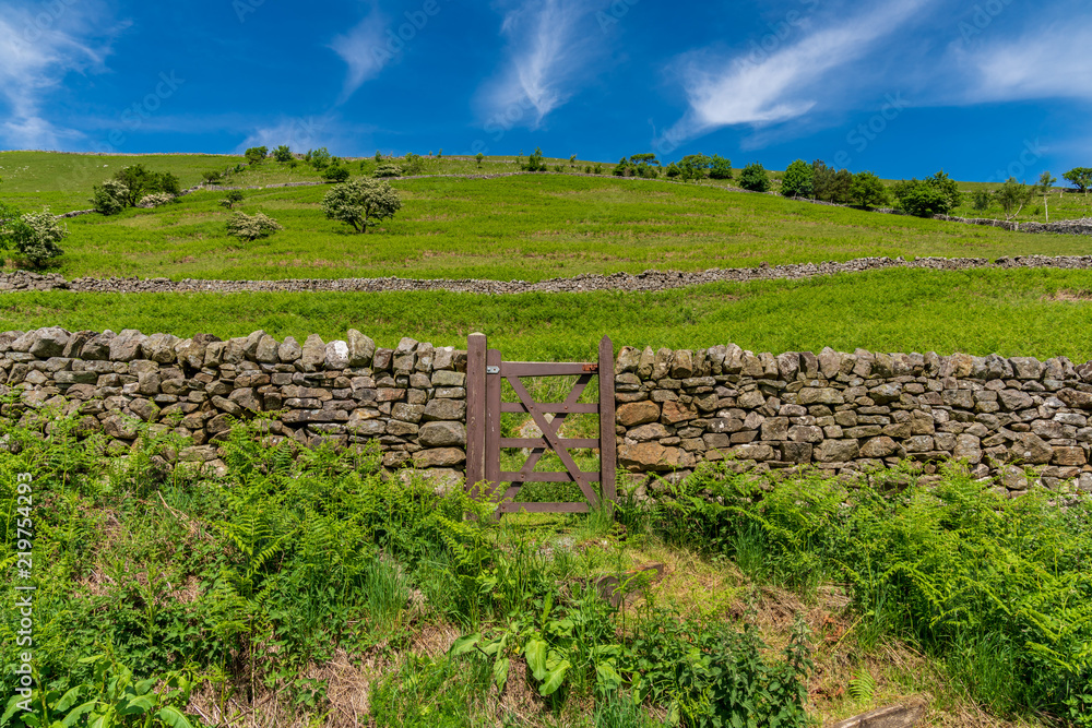Yorkshire landscape with a gate and a stone wall near Litton, North Yorkshire, England, UK