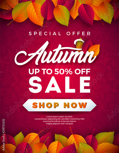 Autumn Sale Design with Falling Leaves and Lettering on Red Background. Autumnal Vector Illustration with Special Offer Typography Elements for Coupon, Voucher, Banner, Flyer, Promotional Poster or