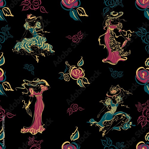 Seamless pattern. Vintage girls. Beautiful ladies in vintage outfits and hats. Bouquet of roses. flowers. Vintage style. Design for fabric and wrapping paper. .turquoise, gold, black.Vector