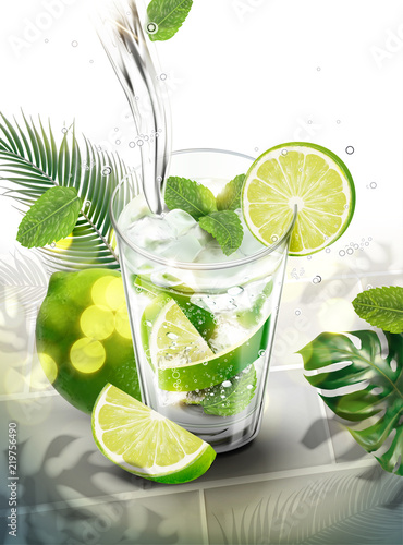 Liquid pouring into mojito
