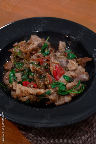 Fried basil leave with chicken