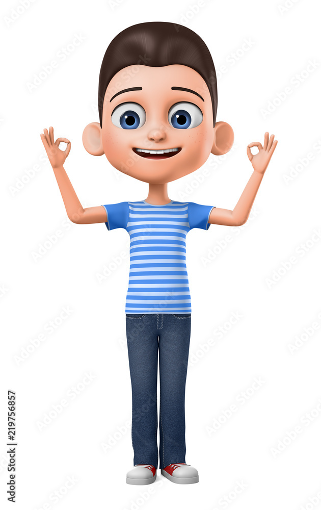 The boy shows two okay on a white background. 3d render illustration.