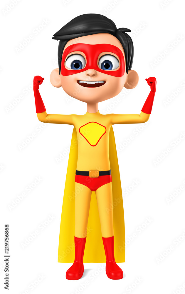 Boy in a yellow superhero costume shows muscles on a white background. 3d render illustration. Boy in a yellow superhero costume shows muscles on a white background. 3d render illustration.
