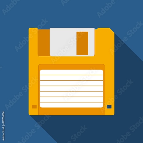 Floppy Disk icon in flat style on blue background with shadow. HD diskette old data media. Vector Illustration