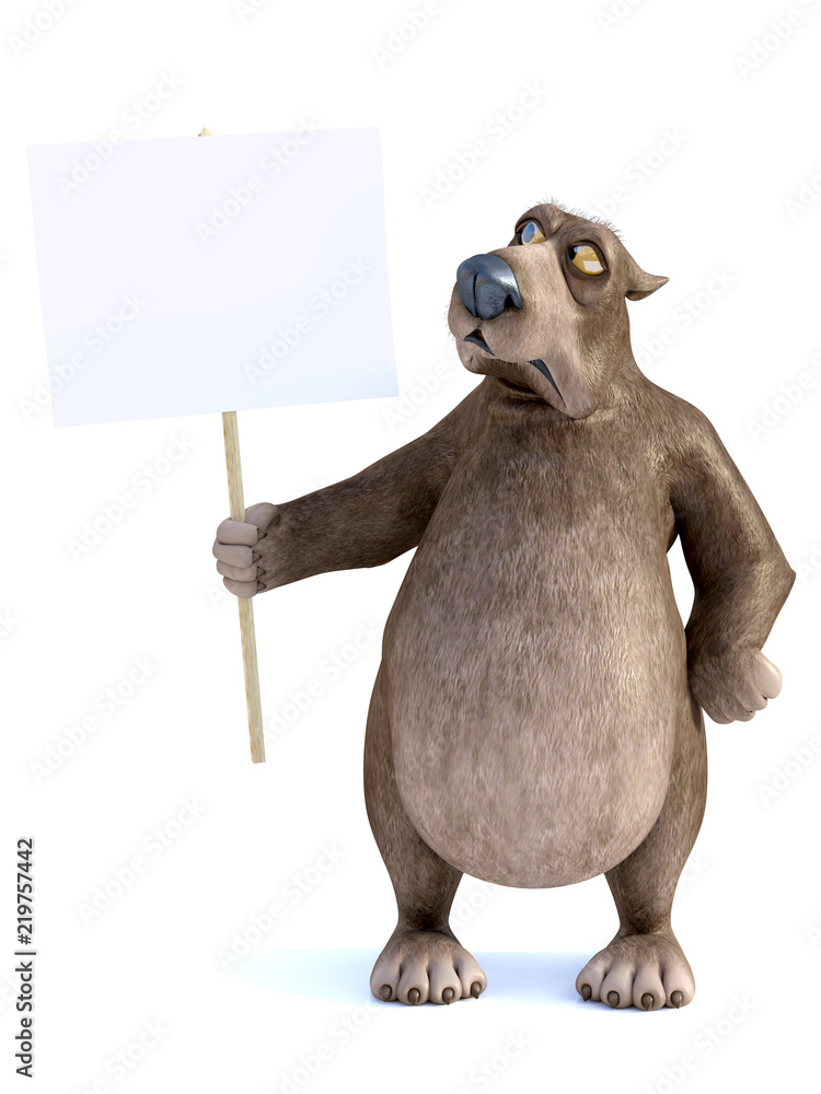 3D rendering of a cartoon bear holding blank sign.