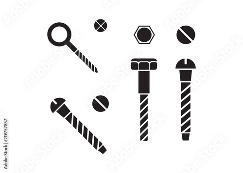 Construction hardware icons. Screws, bolts, nuts and rivets