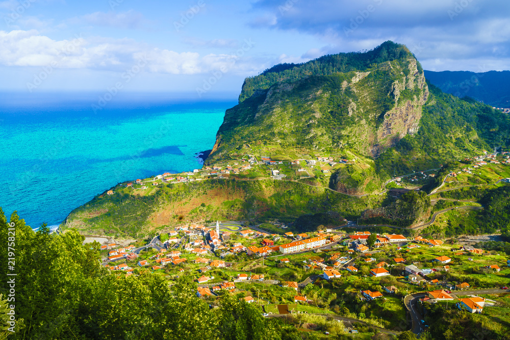 View of Faial village and Eagle rock, Madeira island, Portugal