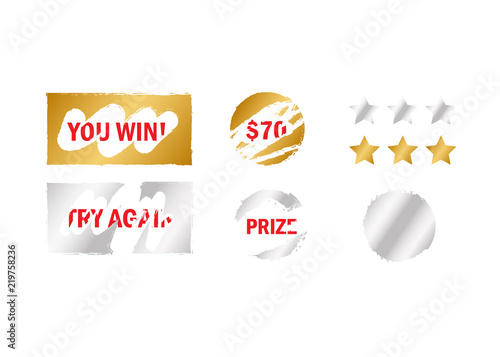 scratch card win. Scratch card elements. Win game lottery prize