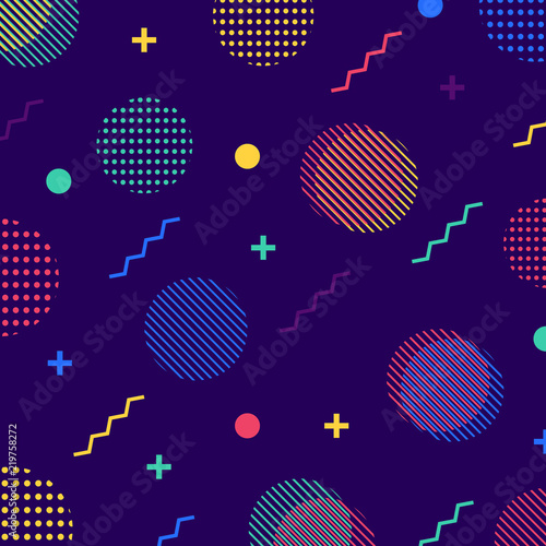 Abstract colorful seamless geometric pattern in retro 80s style.