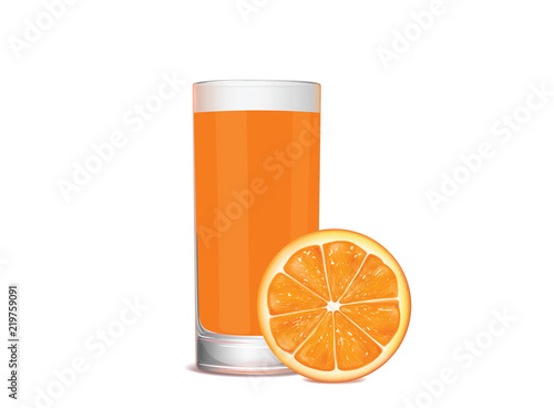 Glass of juice and fresh orange on white background